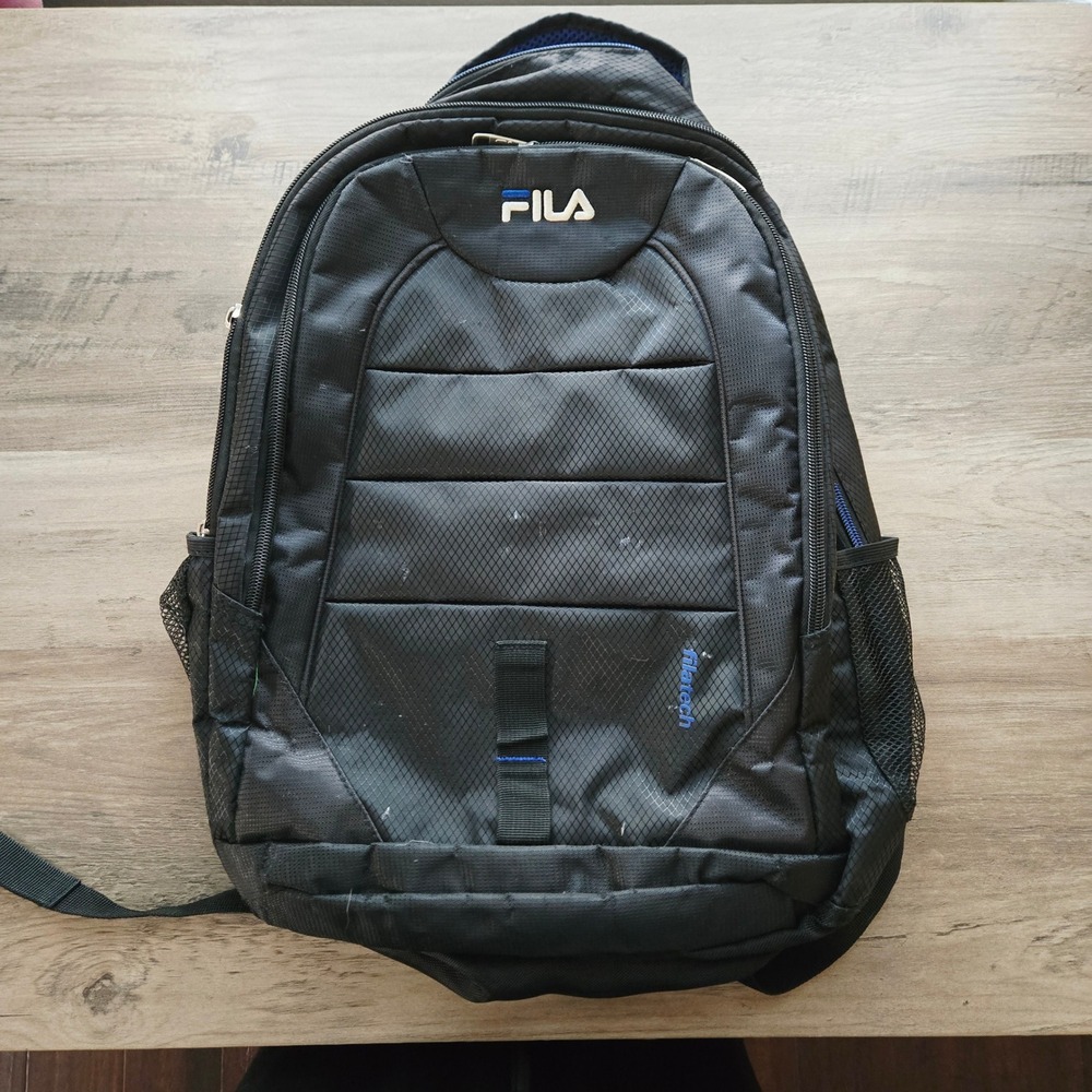 FILA Black Tech Backpack Filatech Multiple Pockets Padded Straps School Travel